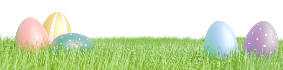 Colorful Easter eggs resting on green grass, celebrating the joy of Easter. 3d rendering