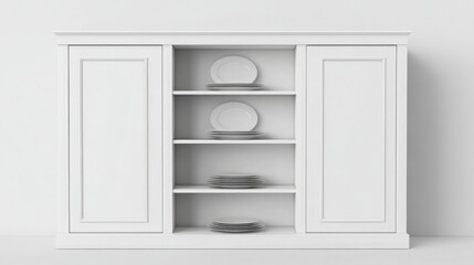 3D render of three white, empty shelves with doors on the front
