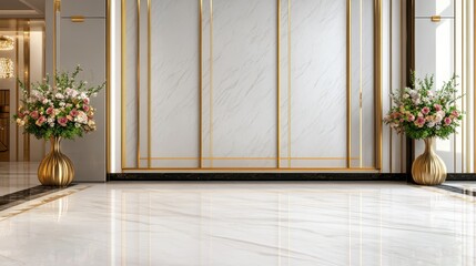 Elegant interior design showcasing marble flooring with floral arrangements in a luxurious setting