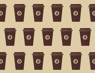 Seamless pattern with a cup of coffee. Vector background Coffee to go with coffee beans logo. Print with coffee cup. Vector illustration of flat design. Suitable for printing, corporate identity desig