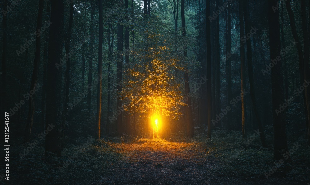 Poster mystical forest with a glowing tree illuminating the surroundings, creating an enchanting atmosphere