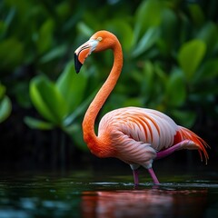Obraz premium Caribbean flamingo wading in mangrove swamp