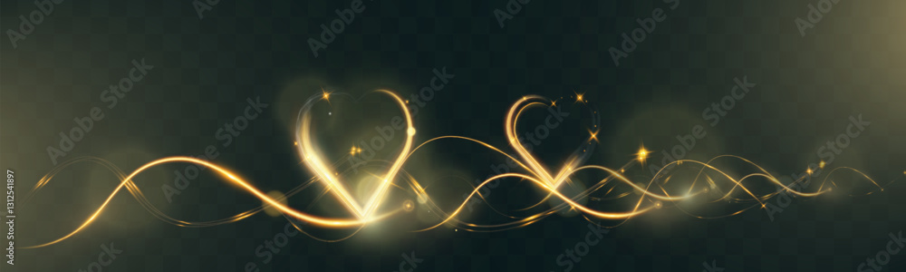 Poster golden glowing heart shapes, light trails in a dark background. romantic valentine’s day design elem