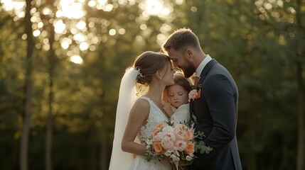 Bride Groom And Child In Forest Wedding Portrait Sunset