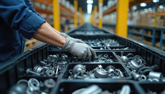 Hands in gloves sort spare parts into labeled bins at warehouse. Metal components organized in box. Automotive industry, distribution, logistics, shipping, export, import, supply chain, global trade.