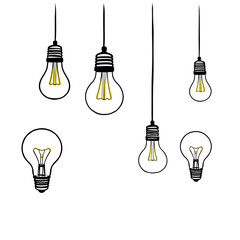 Idea light bulbs icons. Lamp silhouette isolated on white background. Continuous line lightbulbs with yellow light. Creative idea sketch background. Handdrawn electric bulb. Minimalistic vector