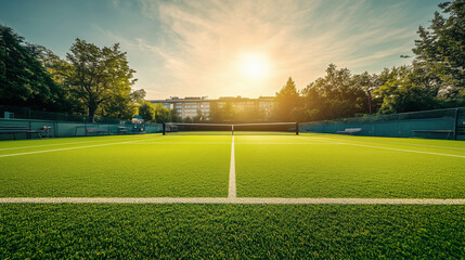 Obraz premium University Campus Tennis Court with Vibrant Green Grass, Surrounded by Open Space for Matches, Events, and Custom Text Placement