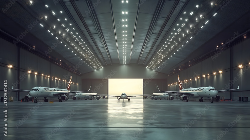 Poster a hangar with multiple airplanes parked, with empty sky space for text