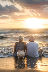 Fototapeta premium An elderly couple sitting on the sandy beach with a piggy bank, gazing at a stunning sunset over the ocean waves, conveying retirement planning, love, and companionship.