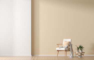 Fototapeta premium Empty wall mock up in Scandinavian style interior with wooden armchair. Minimalist interior design. 3D illustration.