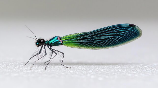 Iridescent Blue And Green Damselfly On White Surface