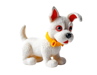 Small White Toy Dog with Yellow Collar, Blue Eyes, and Bent Ear