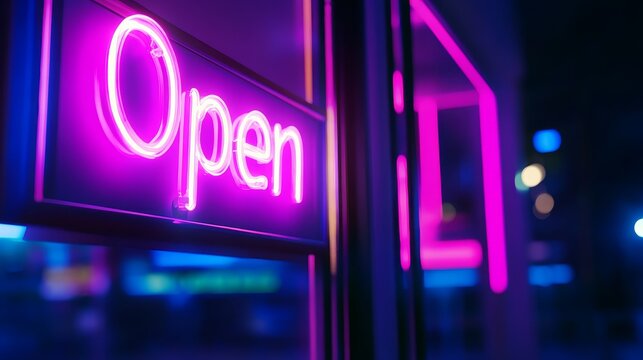 Vibrant neon 'Open' sign glowing at night outside a bustling shop with colorful light in background - Powered by Adobe