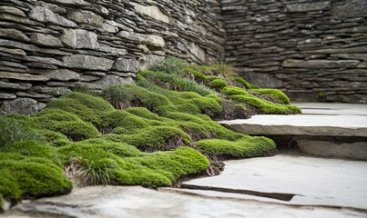 Naklejka premium Natural stone wall with prominent sand and moss growth, rough-hewn stone, exposed grains