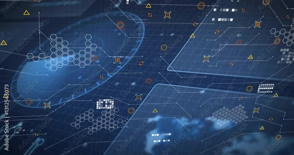 Poster animation of digital interface with hexagons and grids on blue background