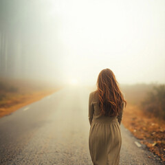 Woman walking on misty road. AI image