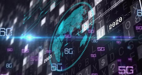 Animation of digital globe with 5G and 6G technology over binary code background - Powered by Adobe