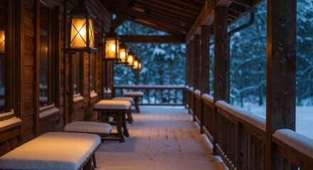 Illuminated Cabin Porch in Winter Snowfall Creates Cozy Atmosphere