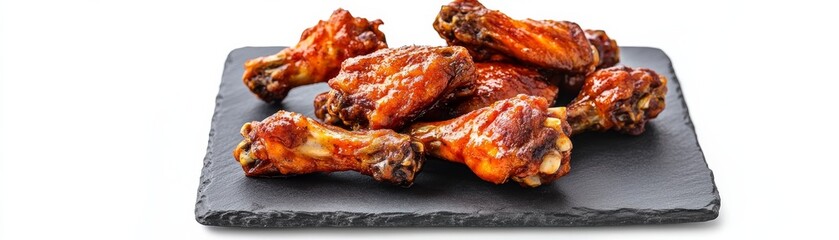 spicy buffalo wings on a slate plate, modern food photography, realistic, isolated on white background