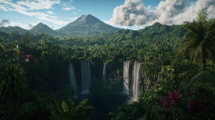 Obraz premium Lush Tropical Waterfall cascading into a valley, volcano in background