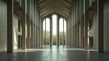 Expansive Contemporary Concrete Hall with Sleek Tall Columns and Floor-to-Ceiling Glass Windows, Featuring Minimalist Design, Soft Lighting, and an Open Airy Ambiance for Text Placement