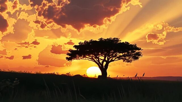 Goldene Stunde mit Sonnenuntergang &uuml;ber der Savanne