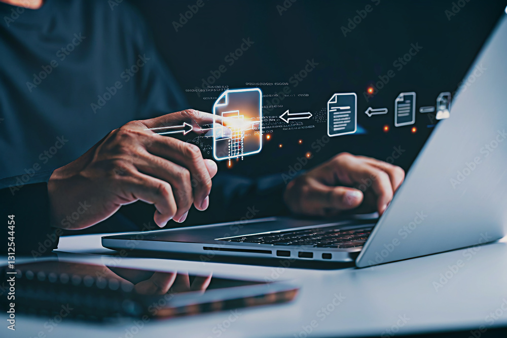Poster businessman pressing a virtual button on a touchscreen interface