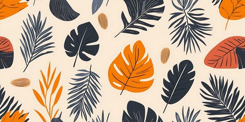 Seamless pattern of stylized tropical leaves in orange and dark blue on a beige background