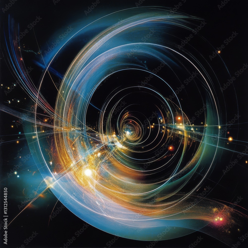 Poster abstract cosmic swirl: a dynamic illustration of energy, light, and particle physics depicting the f