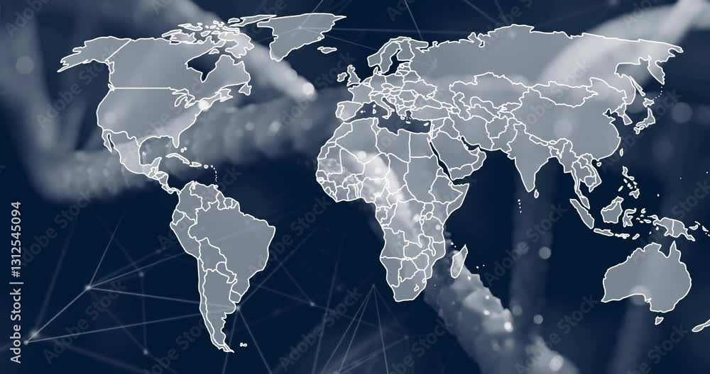 Poster animation of world map overlay with network connections and abstract elements