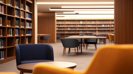 Modern library interior with cozy seating areas, wooden shelves filled with books, and soft lighting
