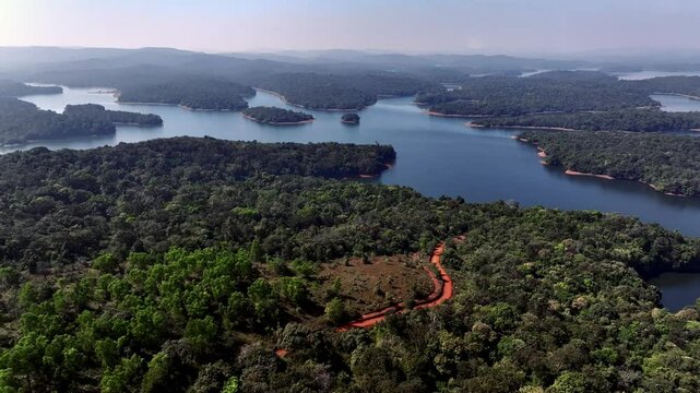 Aerial view of the beautiful lush green and backwaters of Sharavathi river in Sagar Taluk of the Karnataka state, India near Sigandur Chowdeshwari Temple.