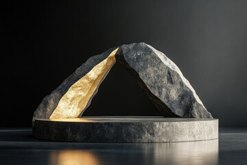 A stone podium with golden arches and a triangular shape on a black background, a dark minimalistic design for product presentation
