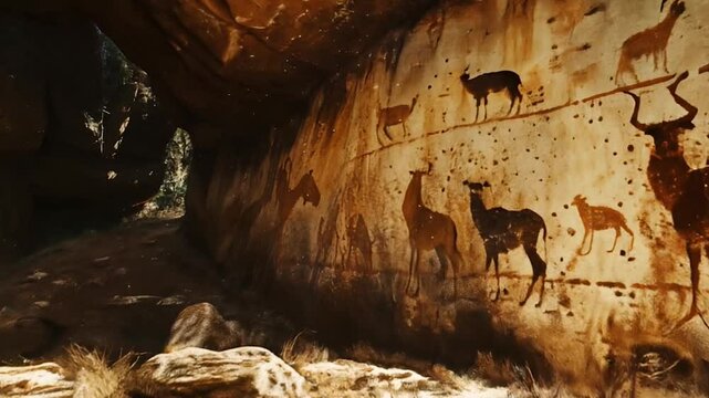 sunlit cave with vibrant prehistoric wall paintings of animals, including deer, bison and cattle, symbolizing early human connection to nature and wildlife on stone surfaces