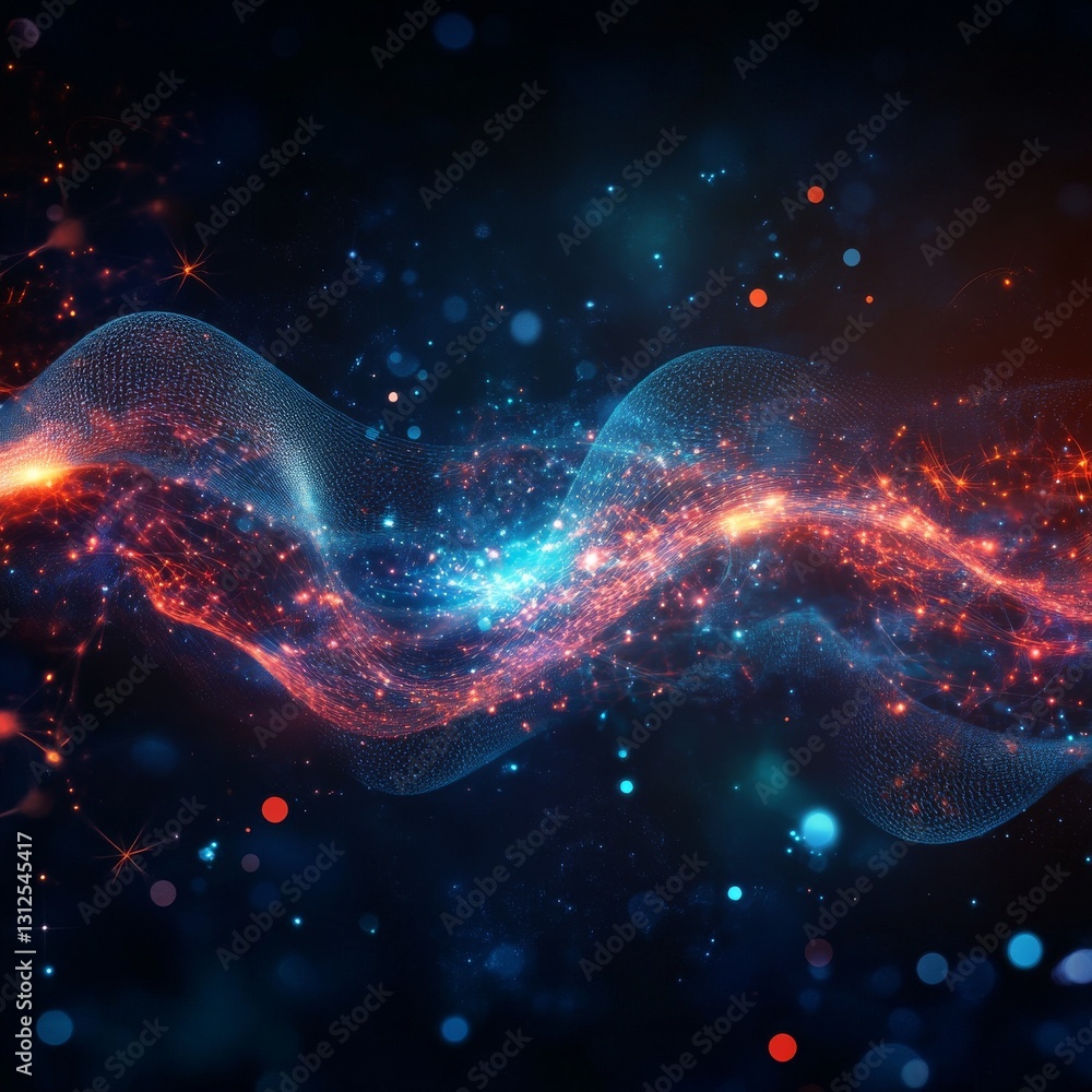 Poster abstract flow of energy: digital wave with glowing particles in dark space backdrop