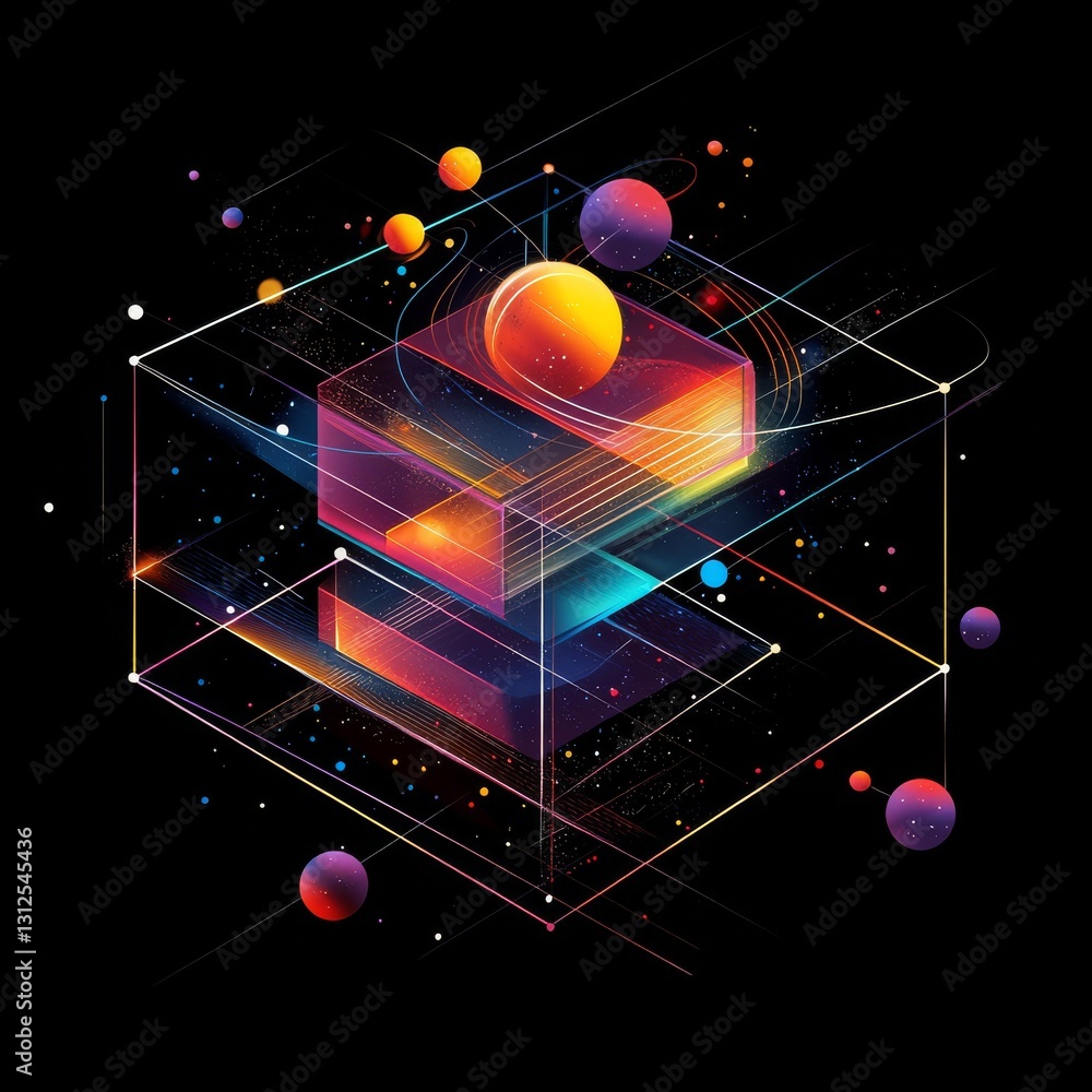 Aufkleber abstract geometric cube with spheres and colorful lines on black background - modern art