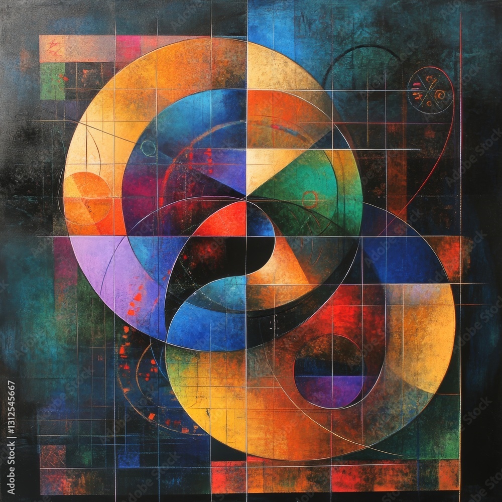 Poster Abstract Intersections: Circular Motifs in a Textured, Grid-Defined Composition with Harmonious Color Contrasts