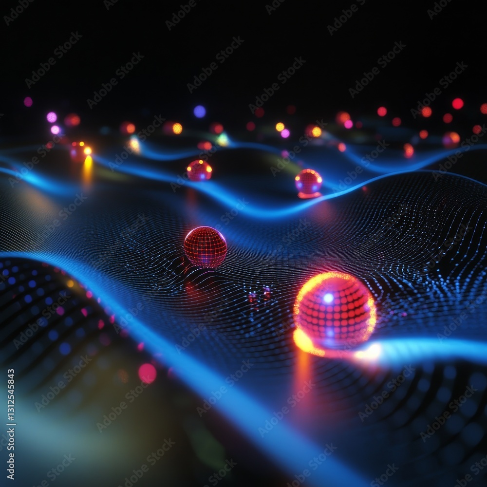 Aufkleber abstract network with glowing spheres on a wavy surface - futuristic technology visualization