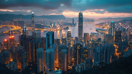 Fototapeta premium A majestic aerial cityscape illuminated by beautiful city lights at twilight