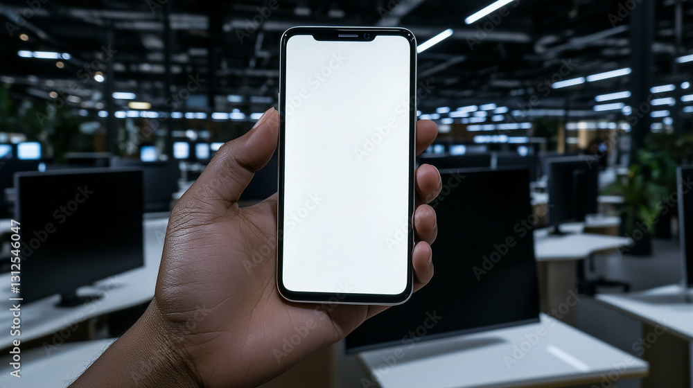 Aufkleber smartphone in hand in office shows blank screen display for mockup presentation. mobile phone held b