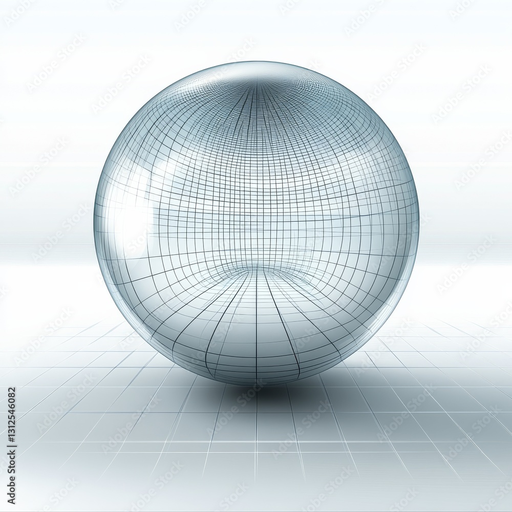 Fototapete Abstract Sphere with Grid Pattern on Tiled Floor - Modern Technology and Design Representation