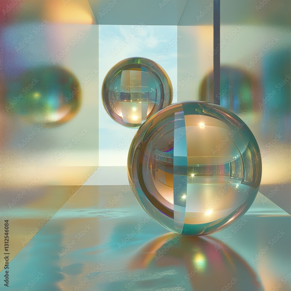 Poster Abstract Spheres: Reflective Orbs in a Minimalist Setting with Dreamy Sky and Soft Light, a Surreal and Evocative Composition