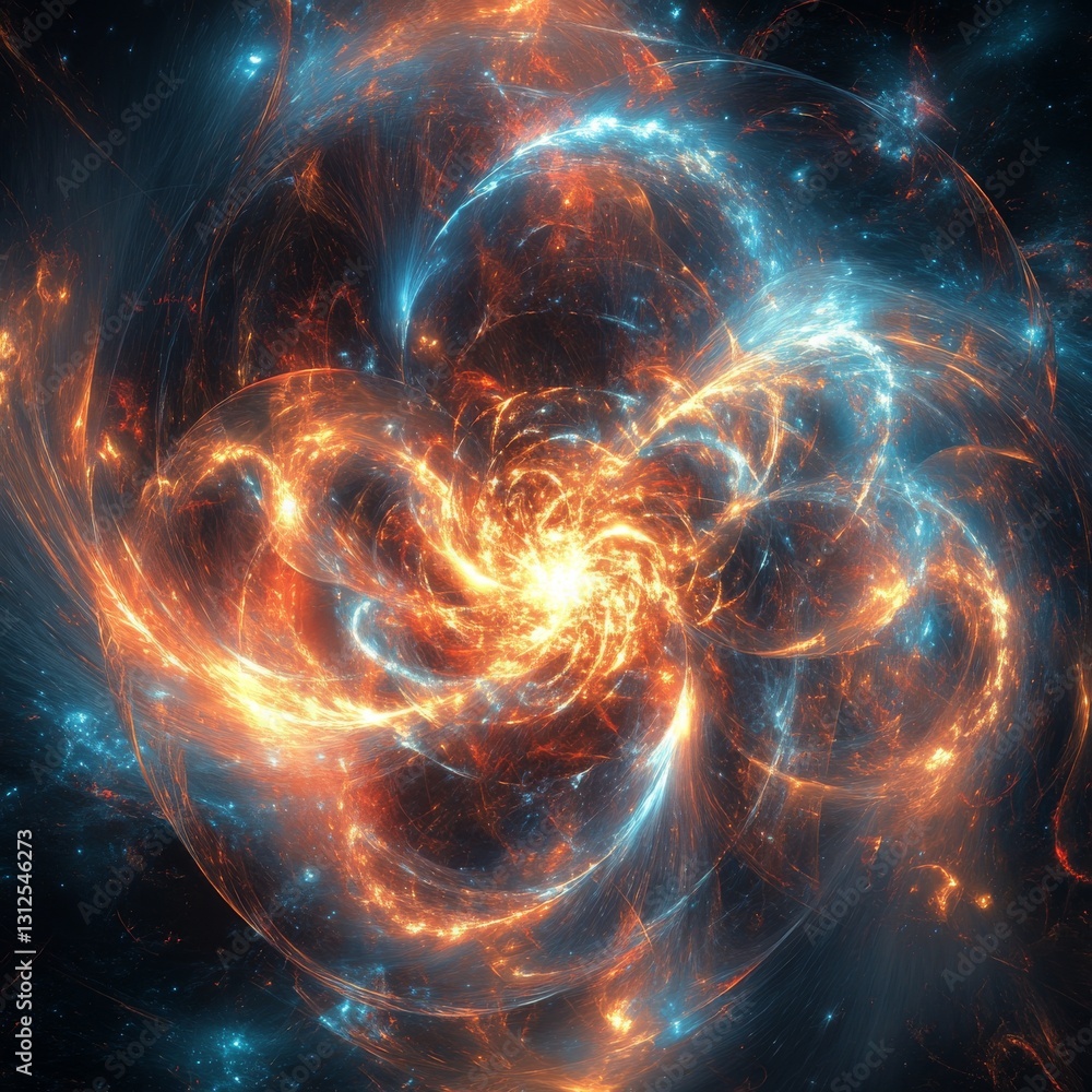 Poster a cosmic dance of fire and ice: abstract rendering of nebulous space with swirling energetic particl