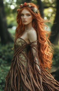 Mystical tree goddess with red hair and green eyes in the park