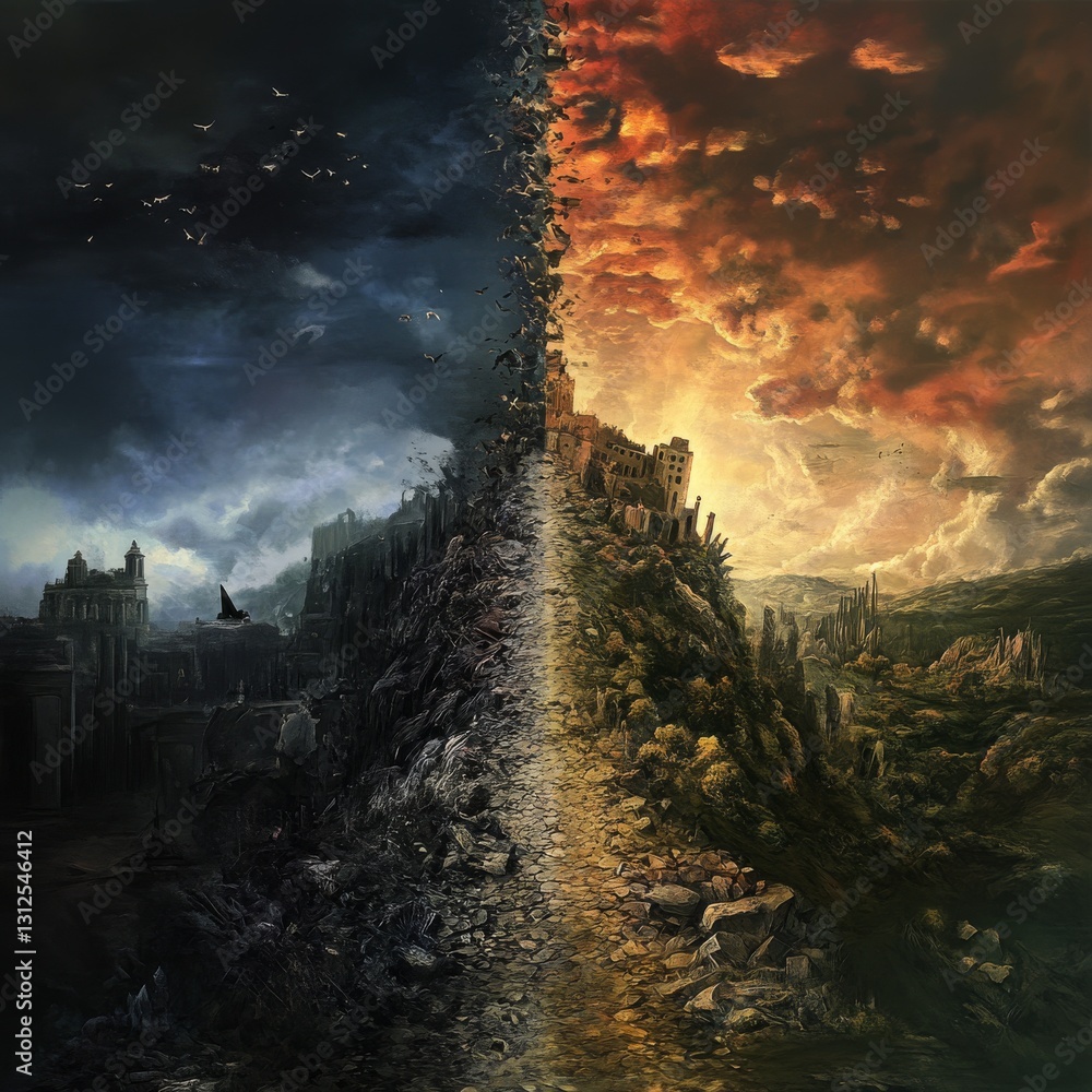 Poster a realm divided: the dichotomy of light and darkness in a fallen world, where hope and despair colli