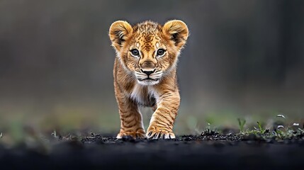 Obraz premium Lion Cub Walking Towards Camera in Dark Savanna