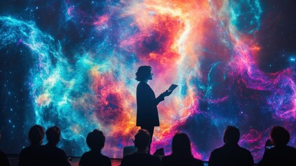 Silhouette of a speaker presenting against a vibrant cosmic backdrop in a modern venue