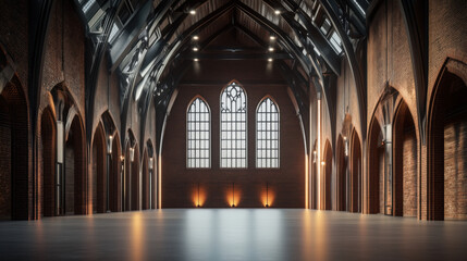 Expansive Industrial Hall with Steel Beams, Brick Walls, and High Arched Windows, Featuring Moody Lighting and a Bold, High-Contrast Atmosphere for Dramatic Text Placement