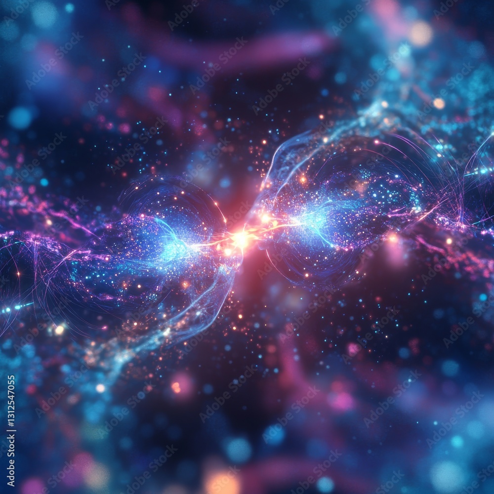 Fototapete Cosmic Collision: Abstract Rendering of Energy Flow Between Two Celestial Bodies in a Nebula of Stars and Light