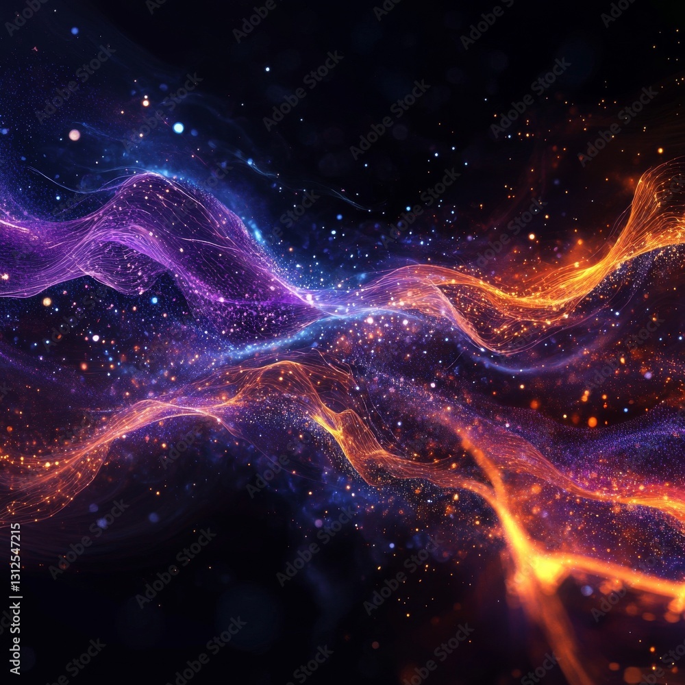 Poster cosmic dance: luminous energy waves flowing through a dark universe, sparks of light illuminate the 